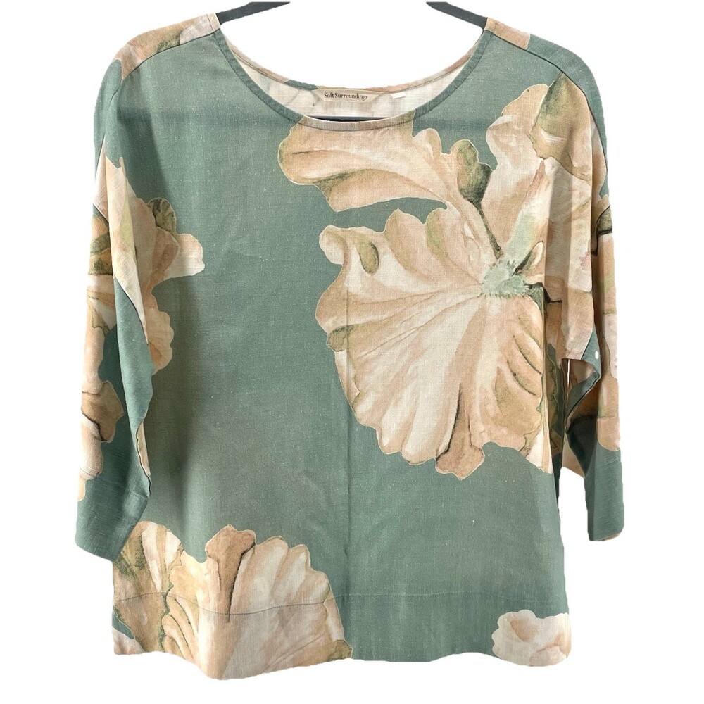Soft Surroundings Linen Blend Blouse Floral Sage Green Relaxed Boho Petite S M